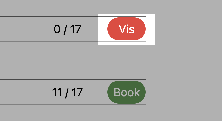 Booking-oversigten med &ldquo;Vis&rdquo;-knappen fremhævet ud for et hold