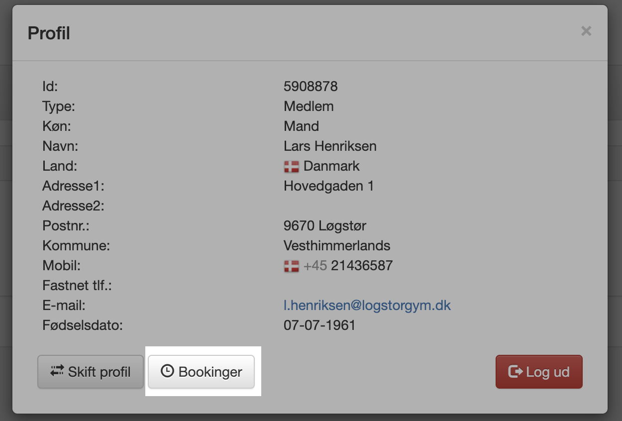 Profilvinduet med &ldquo;Bookinger&rdquo;-knappen fremhævet