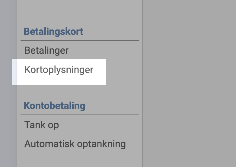 Venstre menu med &ldquo;Kortoplysninger&rdquo; fremhævet under sektionen &ldquo;Betalingskort&rdquo;