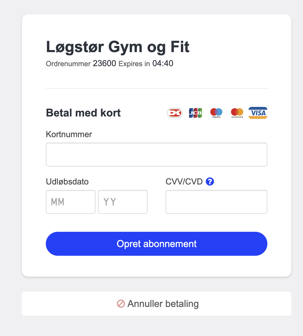 Betalingsformularen med kortoplysningsfelterne