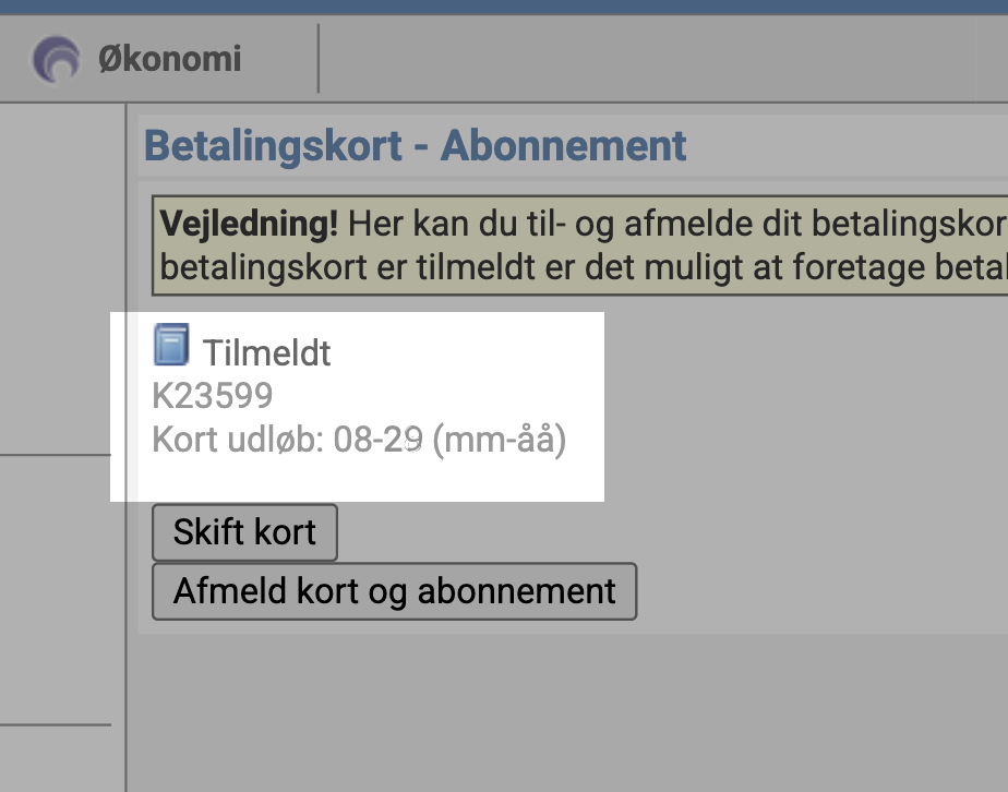 Betalingskort-siden med det opdaterede kort og udløbsdato
