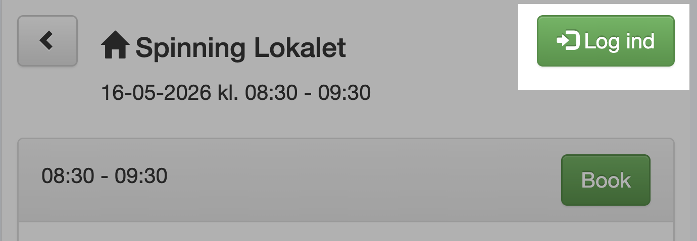 Den grønne &ldquo;Log ind&rdquo;-knap fremhævet på booking-siden
