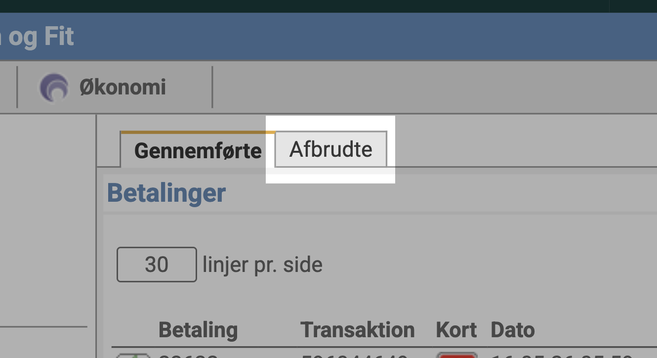 Fanebladene “Gennemførte” og “Afbrudte” — “Afbrudte” er fremhævet