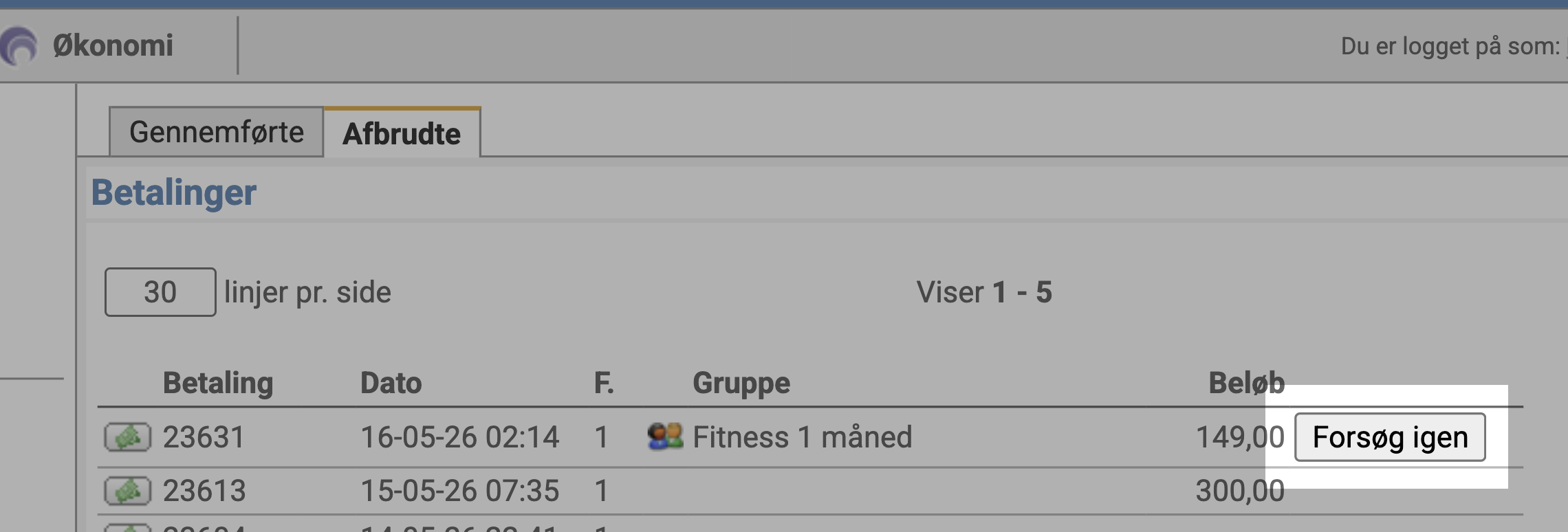 Listen over afbrudte betalinger med betalingen “Fitness 1 måned” og knappen “Forsøg igen” fremhævet