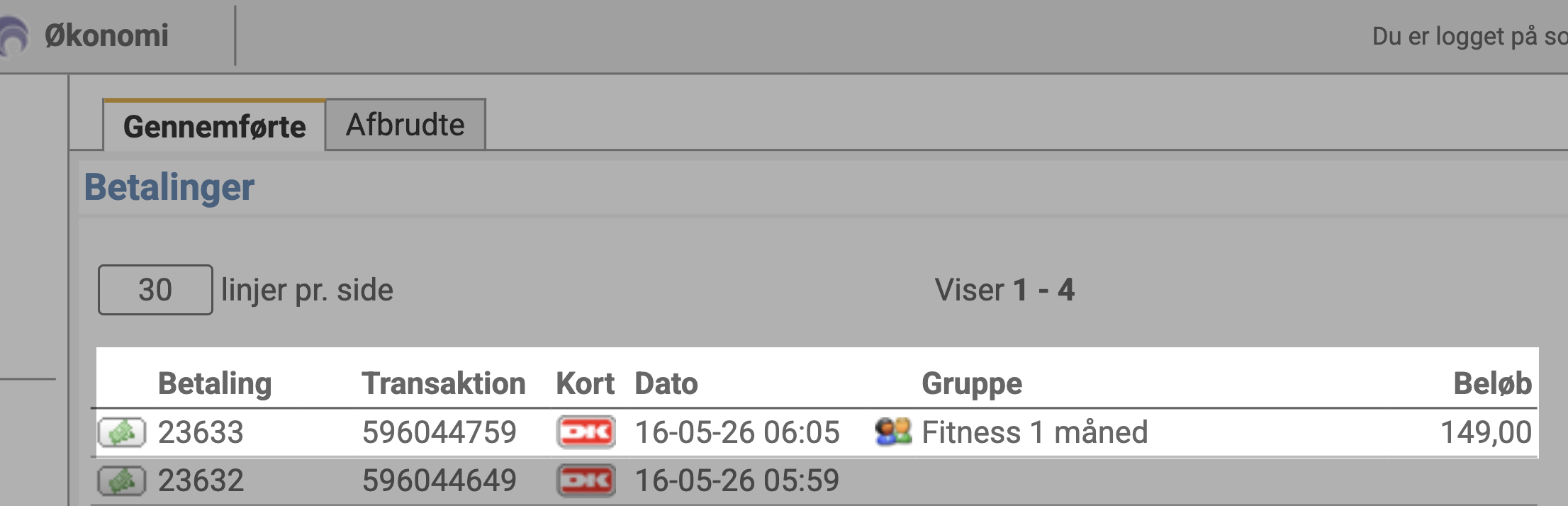 Fanebladet “Gennemførte” med den gennemførte fitnessabonnement-betaling fremhævet