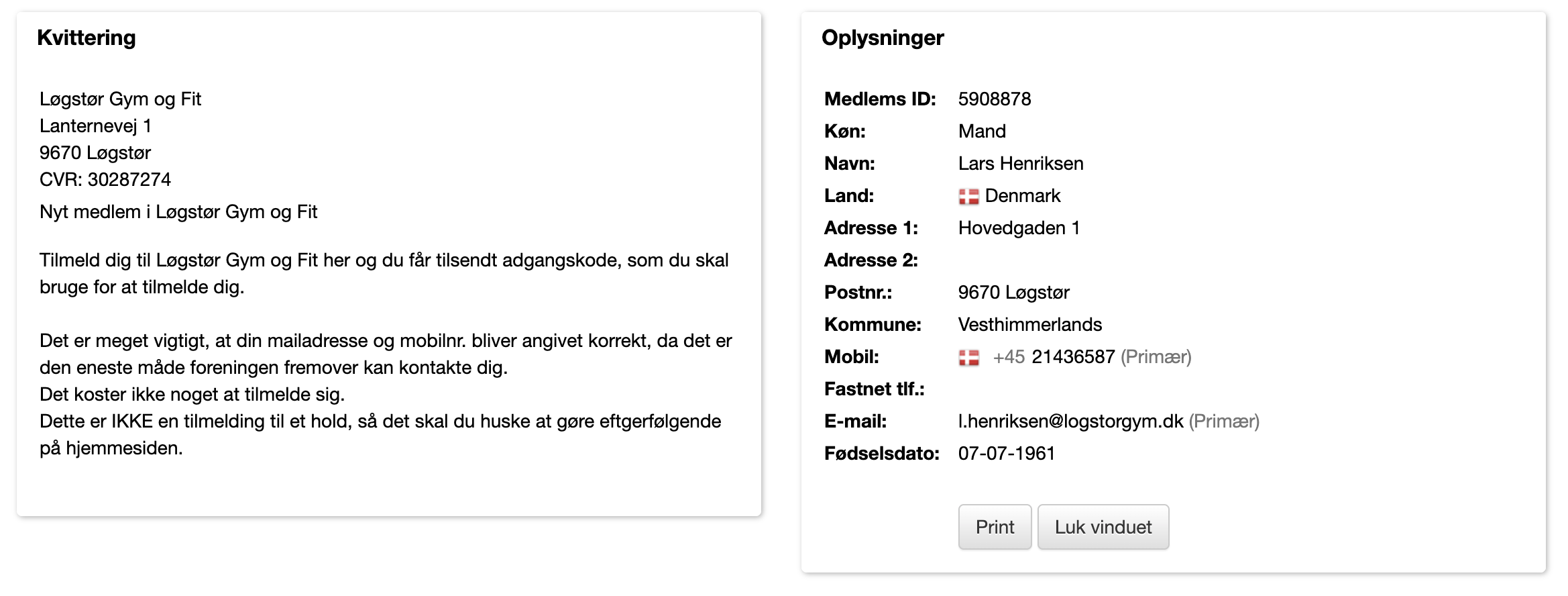 Kvitteringssiden med medlemsoplysninger efter oprettelse